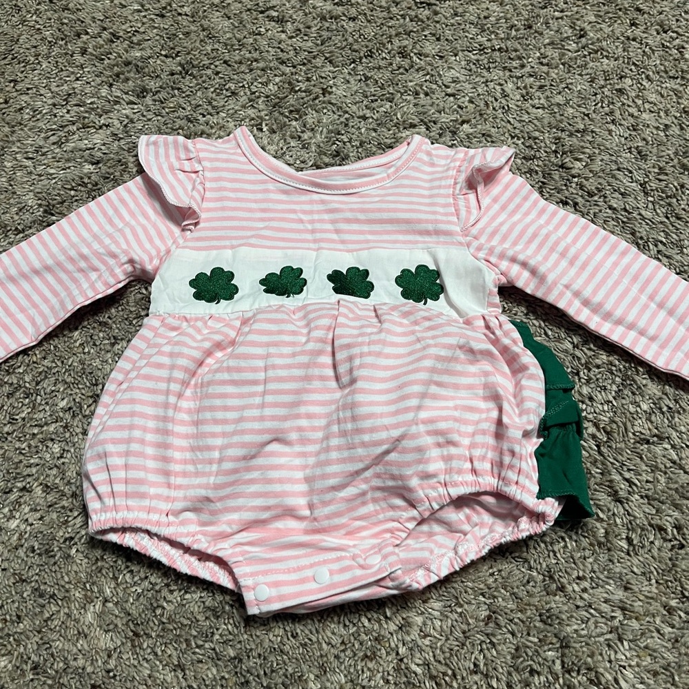 Pink Striped Baby Girl Romper with Green Clover Accents